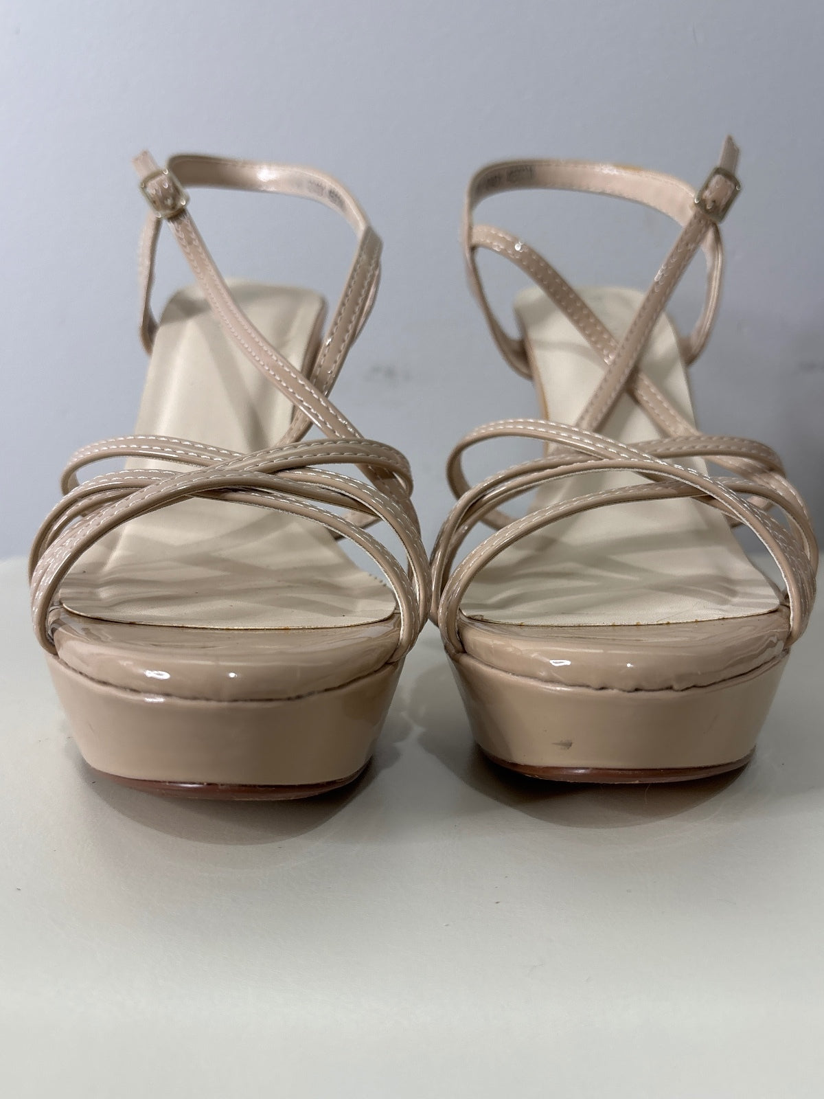 Beige Patent Leather High Heel Platform Sandals with Strappy Design