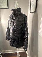 Black Quilted Puffer Jacket with High Collar and Snap Buttons
