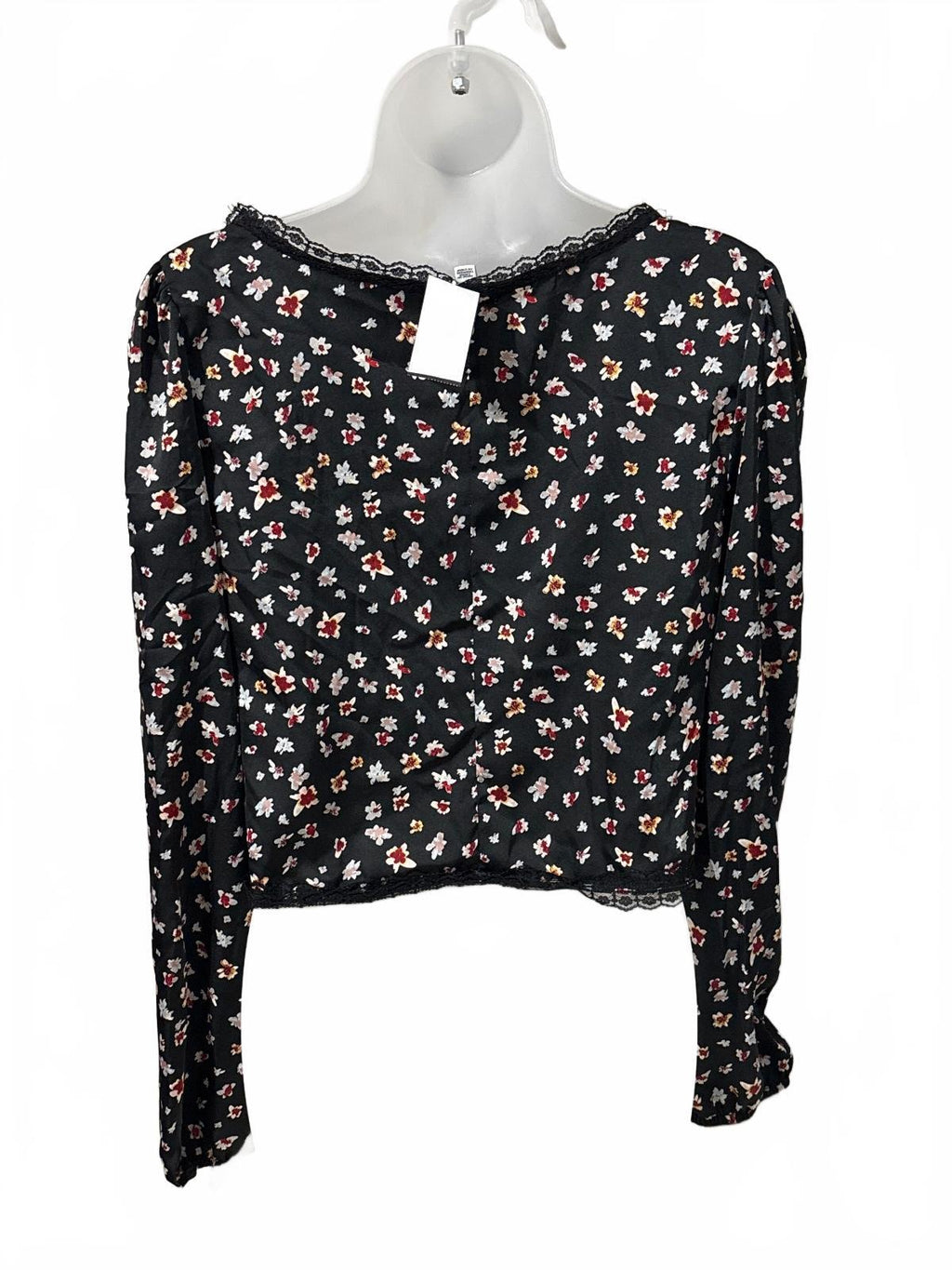Love, Fire Black Floral Print Long Sleeve Tie Front Top Large