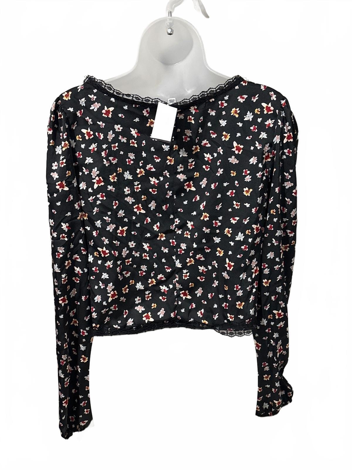 Love, Fire Black Floral Print Long Sleeve Tie Front Top Large
