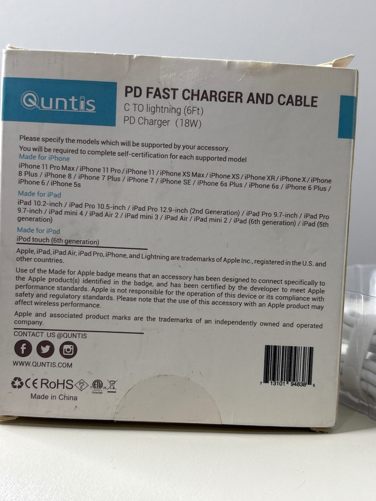 Quntis PD Fast Charger and Cable - USB-C to Lightning