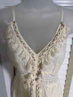 Cream Lace Maxi Dress with Pom Pom Tassels and Spaghetti Straps, Size M