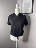 rue21 Black Short Sleeve Hooded Top with White Stripes and Drawstring