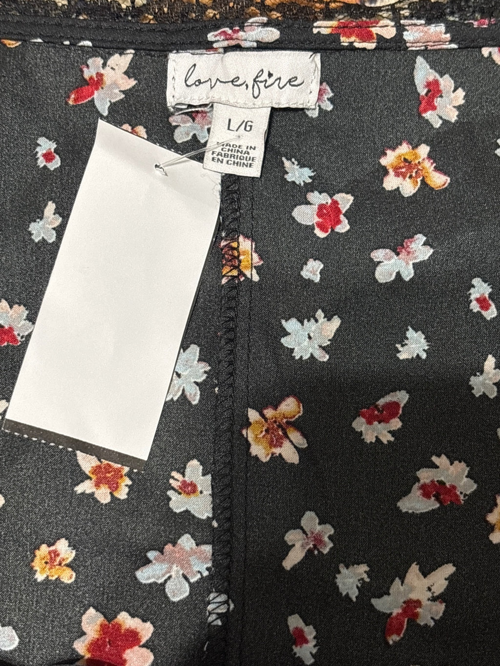 Love, Fire Black Floral Print Long Sleeve Tie Front Top Large