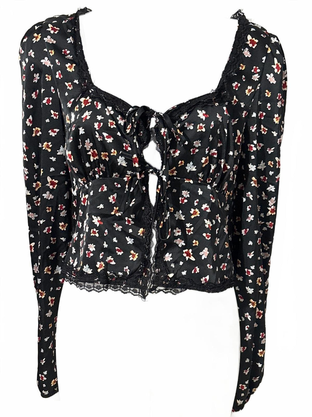 Love, Fire Black Floral Print Long Sleeve Tie Front Top Large