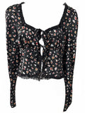 Love, Fire Black Floral Print Long Sleeve Tie Front Top Large