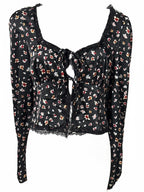 Love, Fire Black Floral Print Long Sleeve Tie Front Top Large