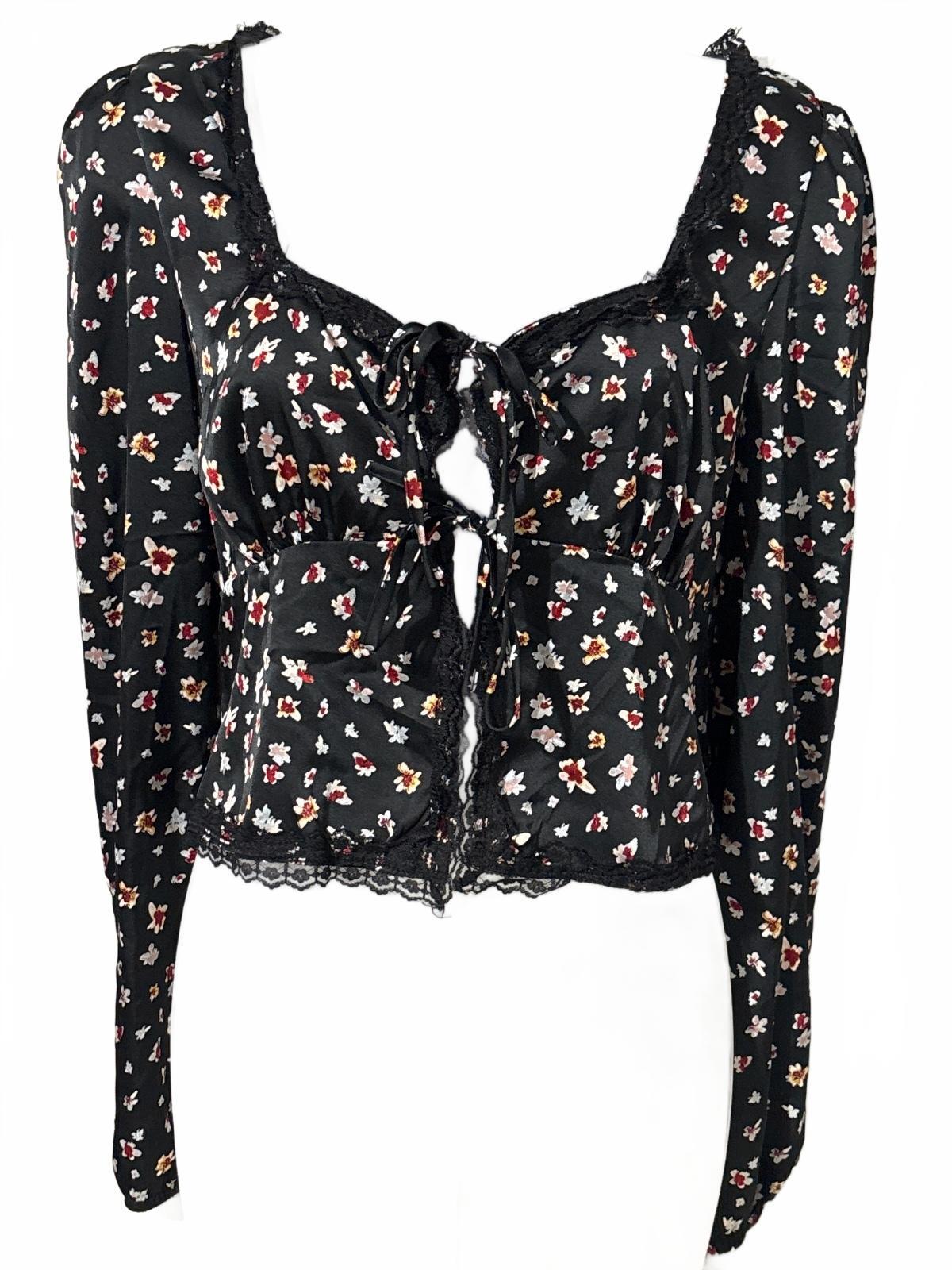 Love, Fire Black Floral Print Long Sleeve Tie Front Top Large