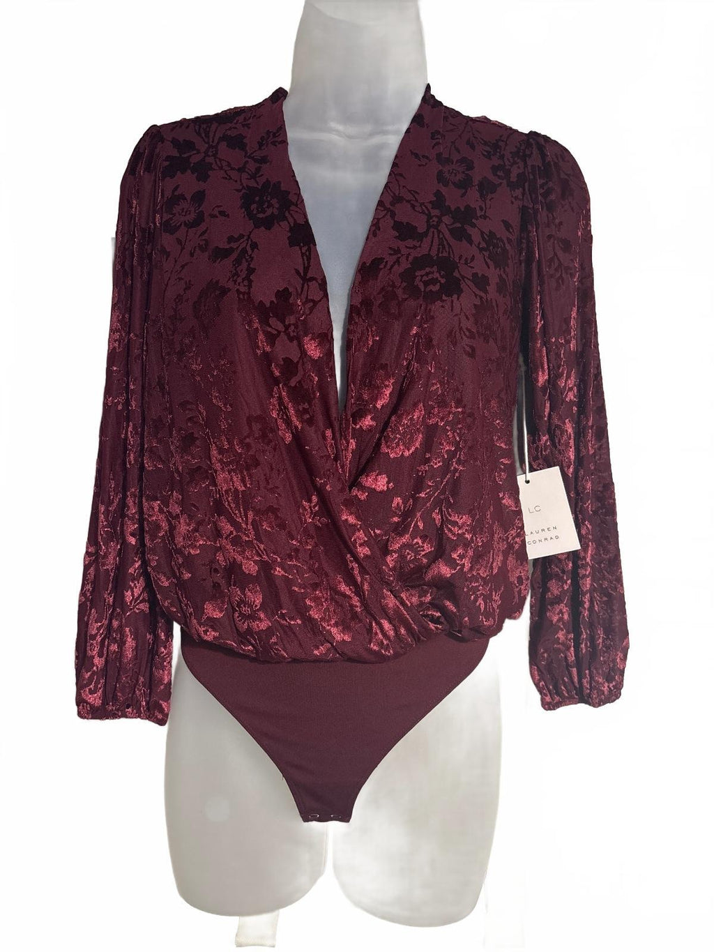 Lauren Conrad Burgundy Floral Velvet Bodysuit PXS