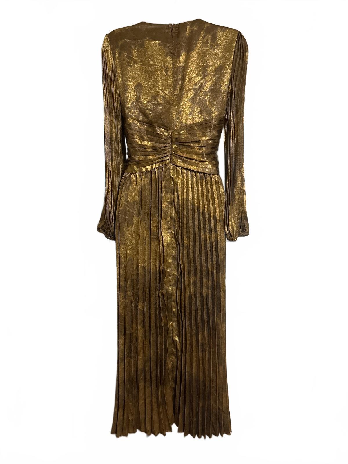 Marina Long Sleeve Metallic Gold Pleated Maxi Dress Size S