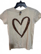 Instant Message Youth Large Beige T-Shirt with Leopard Print Heart