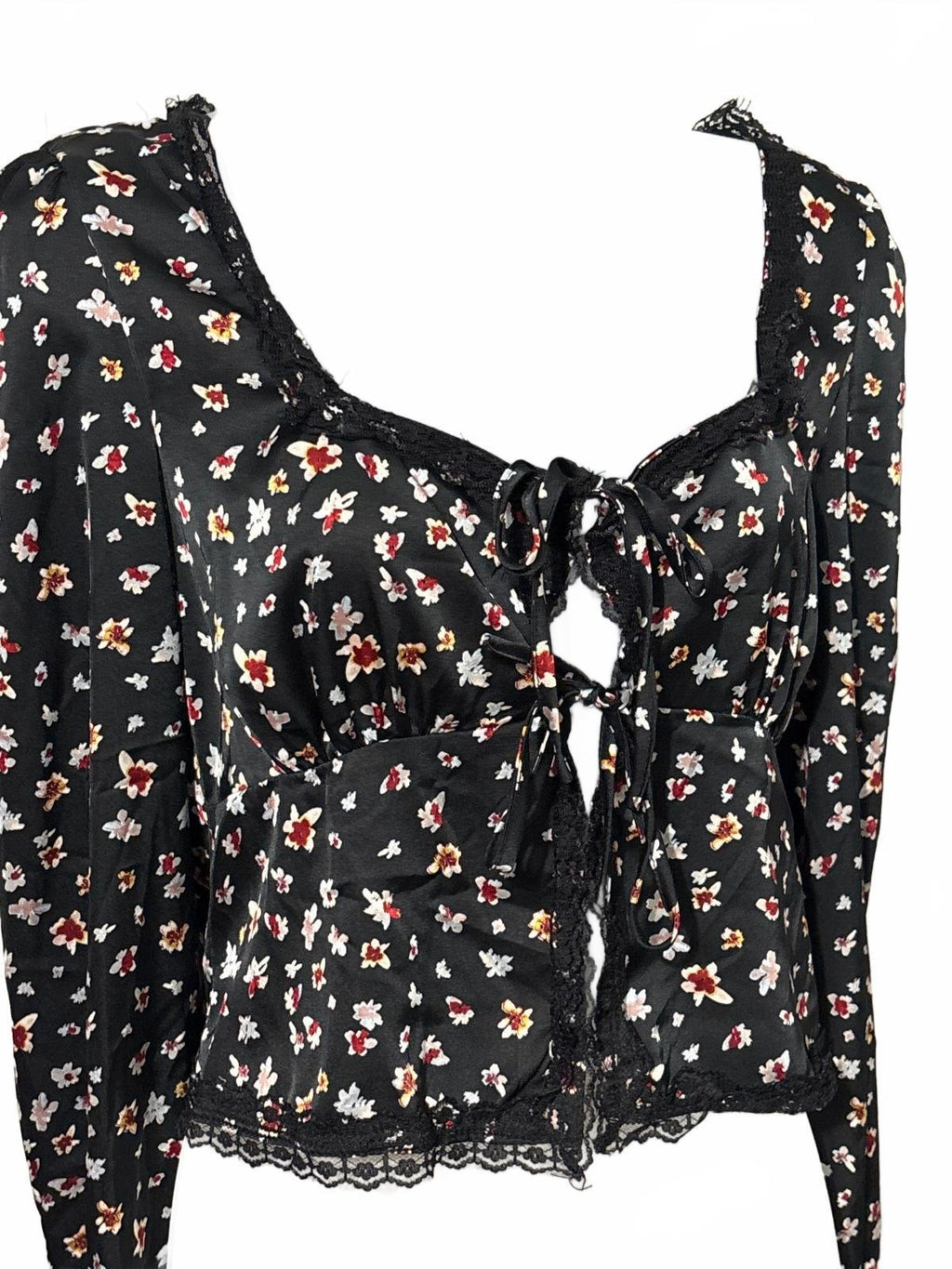 Love, Fire Black Floral Print Long Sleeve Tie Front Top Large