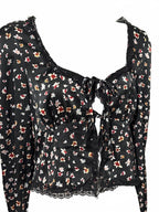 Love, Fire Black Floral Print Long Sleeve Tie Front Top Large