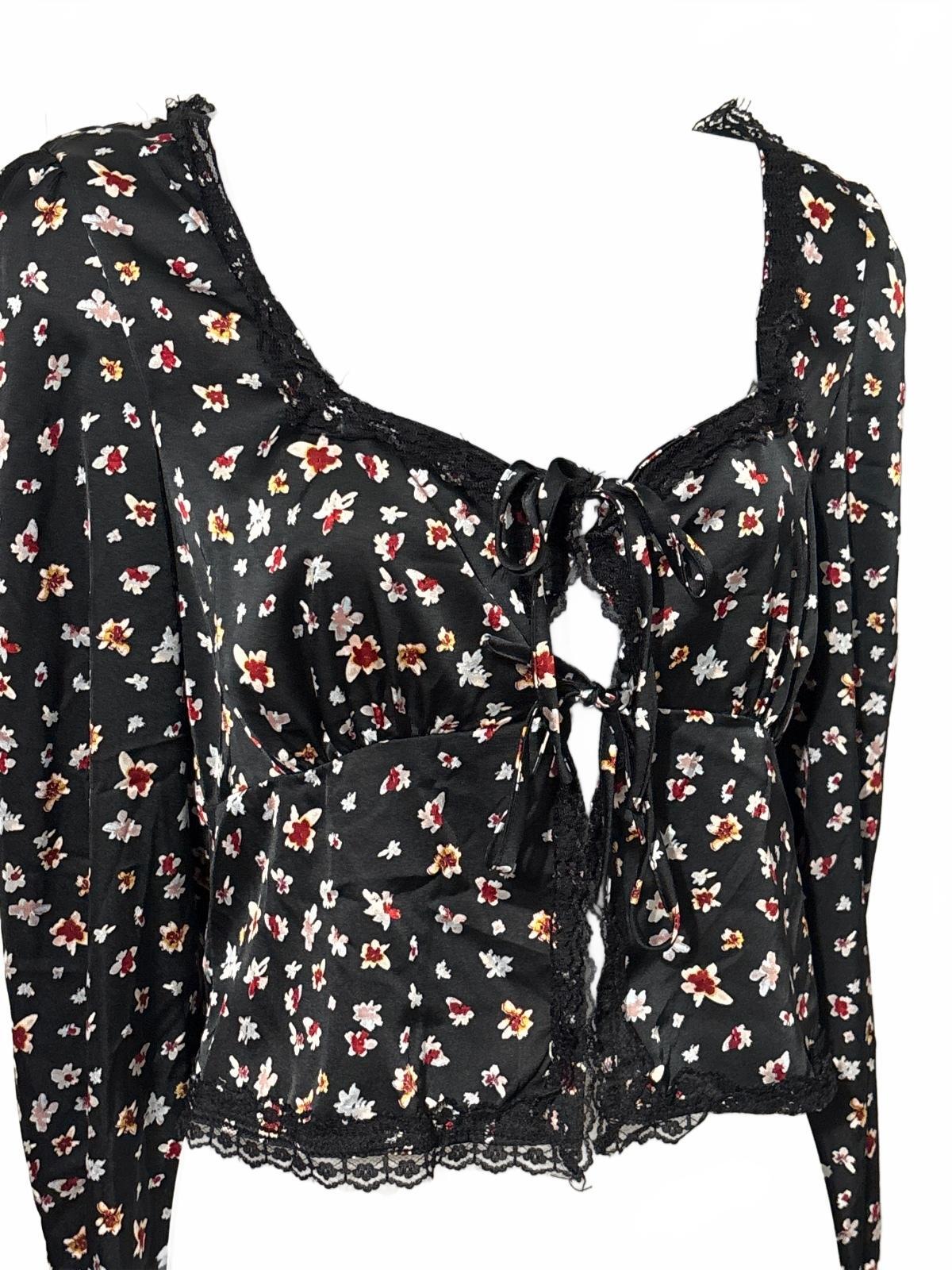Love, Fire Black Floral Print Long Sleeve Tie Front Top Large