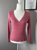 CHICME Pink Ribbed V-Neck Sweater with Pearl Sleeve Detail, Size L