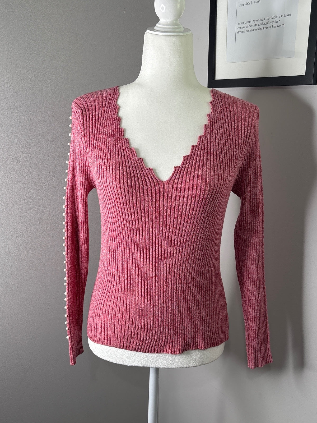 CHICME Pink Ribbed V-Neck Sweater with Pearl Sleeve Detail, Size L