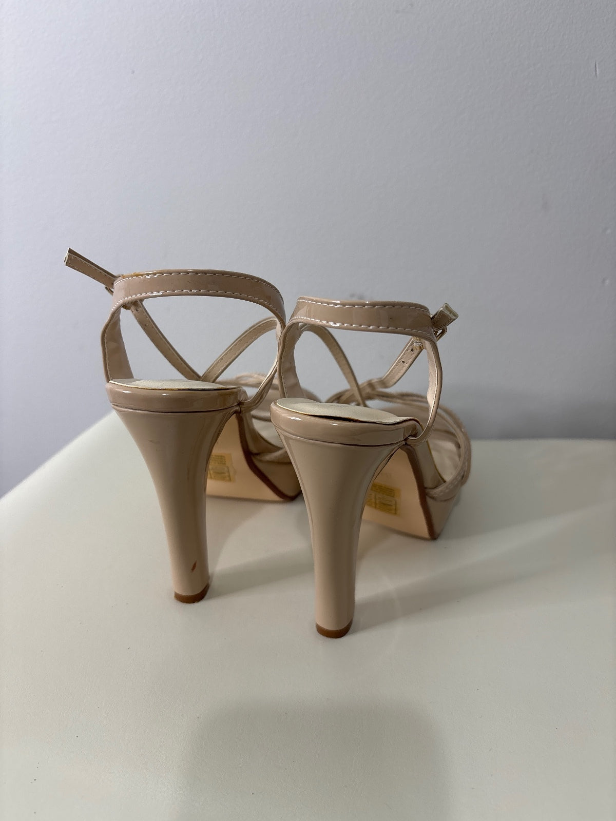 Beige Patent Leather High Heel Platform Sandals with Strappy Design
