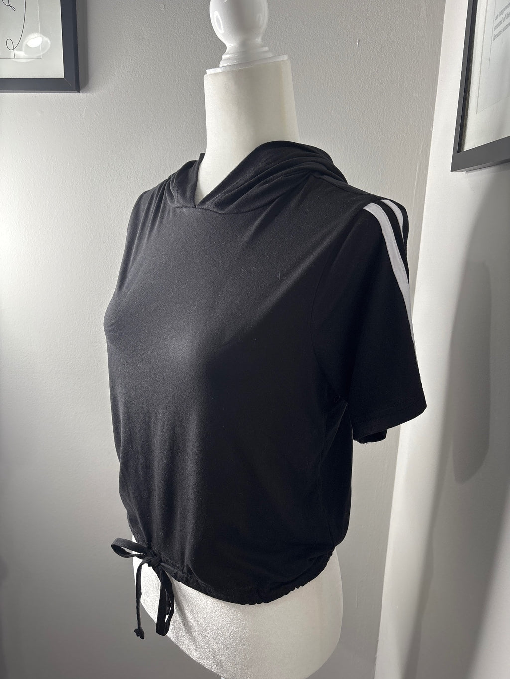 rue21 Black Short Sleeve Hooded Top with White Stripes and Drawstring