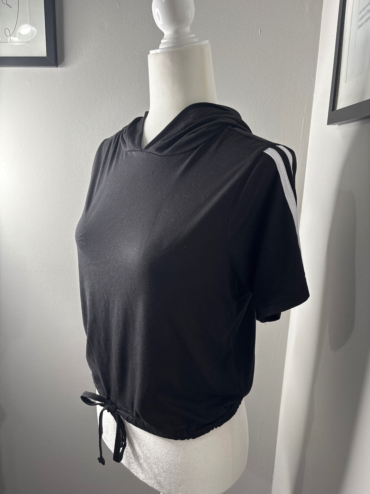rue21 Black Short Sleeve Hooded Top with White Stripes and Drawstring
