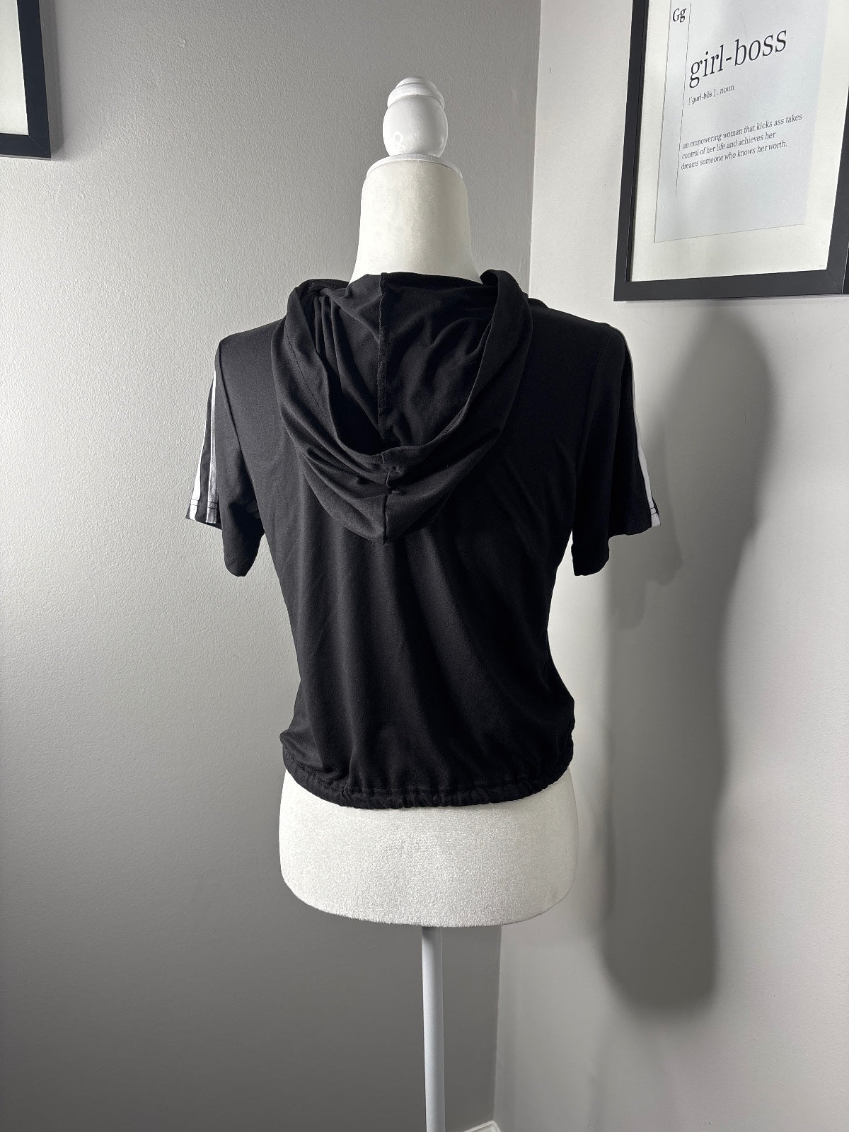 rue21 Black Short Sleeve Hooded Top with White Stripes and Drawstring