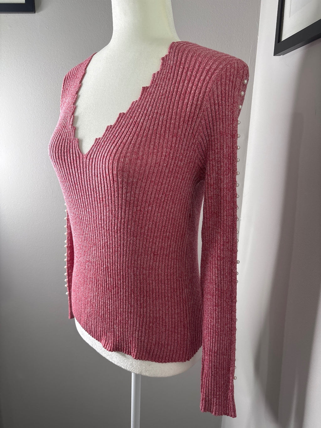 CHICME Pink Ribbed V-Neck Sweater with Pearl Sleeve Detail, Size L
