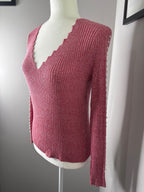 CHICME Pink Ribbed V-Neck Sweater with Pearl Sleeve Detail, Size L