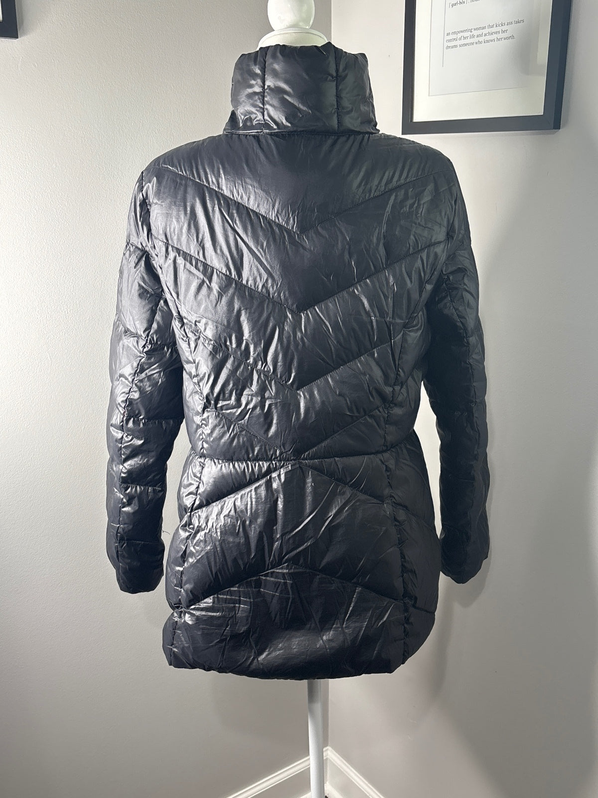 Black Quilted Puffer Jacket with High Collar and Snap Buttons