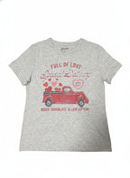 Fleurish Gray Graphic Tee with Red Truck and Hearts Print, Size M