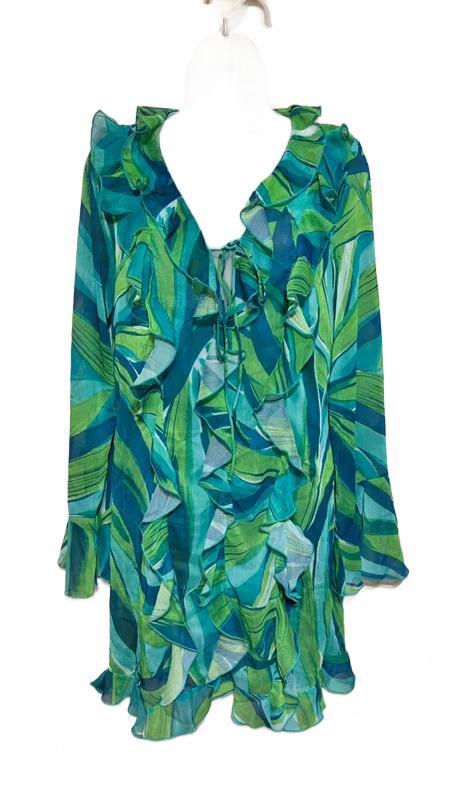H&M Tropical Print Chiffon Beach Cover-Up Women’s Size Small Green Blue Ruffle