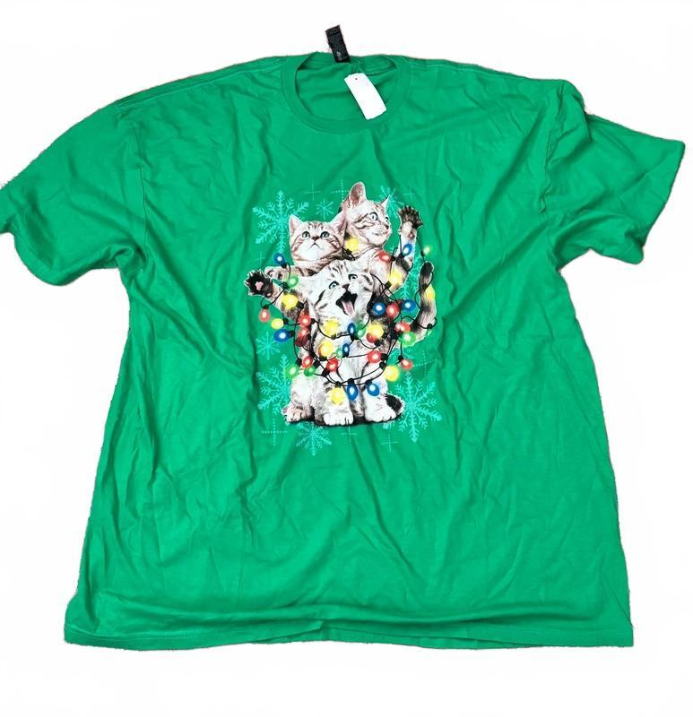 Gildan Christmas Cat Graphic T-Shirt 3XL Green Funny Holiday Tee
