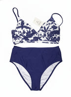 Cupshe Two-Piece Navy Blue and White Floral Bikini Set, Size Large