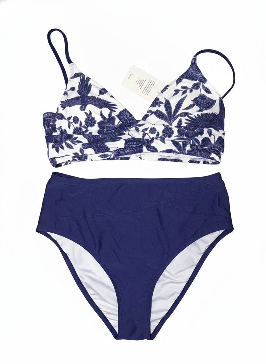 Cupshe Two-Piece Navy Blue and White Floral Bikini Set, Size Large