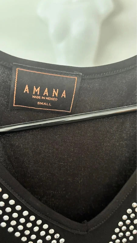 Amana Black Rhinestone Shift Dress with Tie Waist – Size Small
