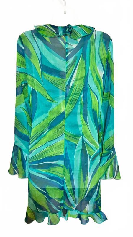 H&M Tropical Print Chiffon Beach Cover-Up Women’s Size Small Green Blue Ruffle