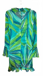 H&M Tropical Print Chiffon Beach Cover-Up Women’s Size Small Green Blue Ruffle